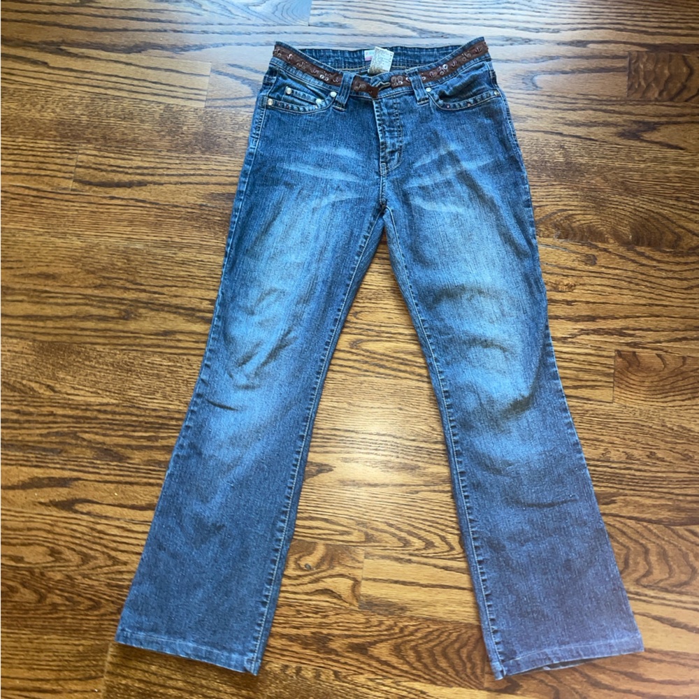 No Boundaries Dark Blue Denim Jeans with Brown and Pink Beaded Belt Detail